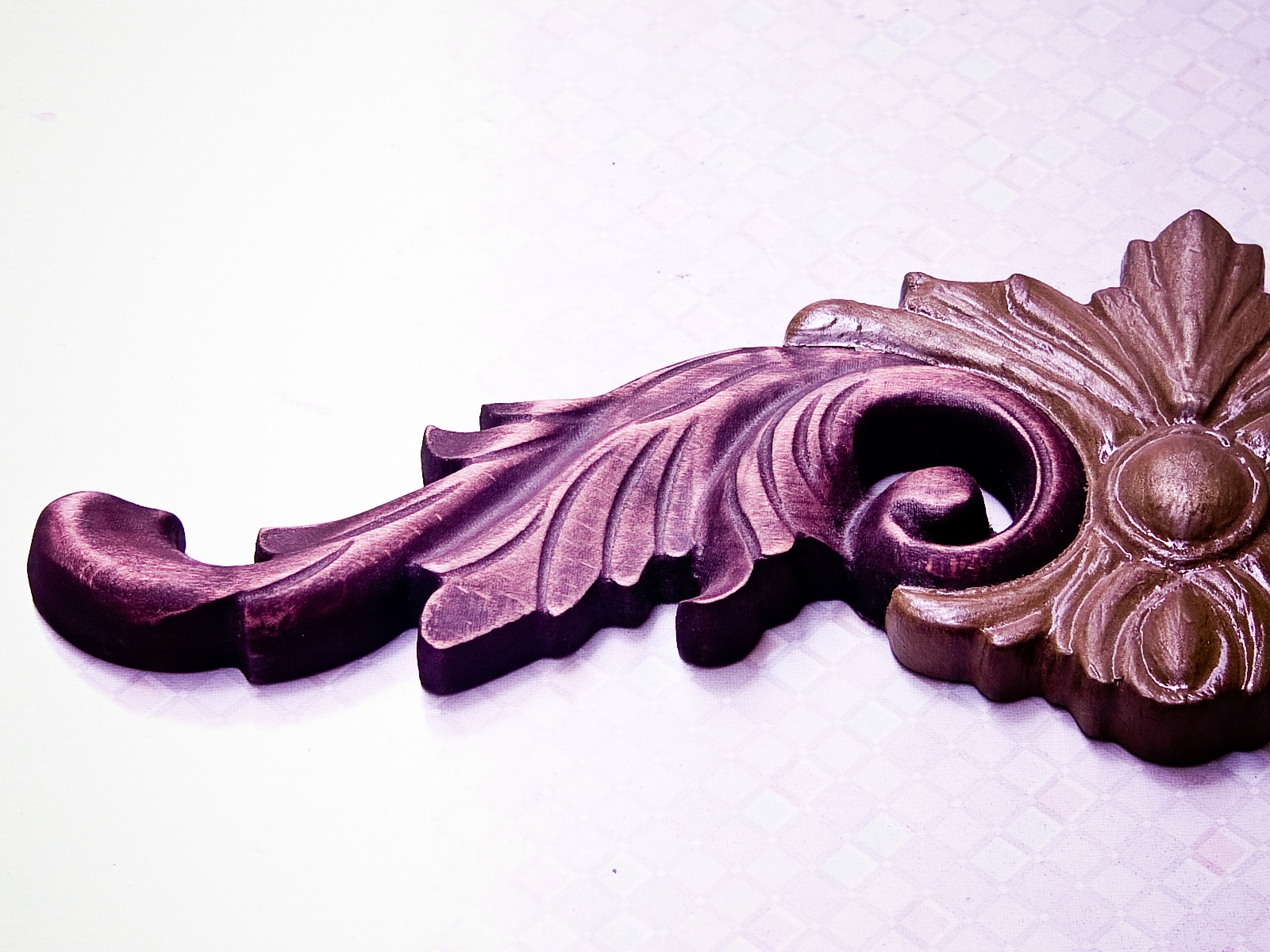 CNC carved wooden applique ornament with baroque floral design