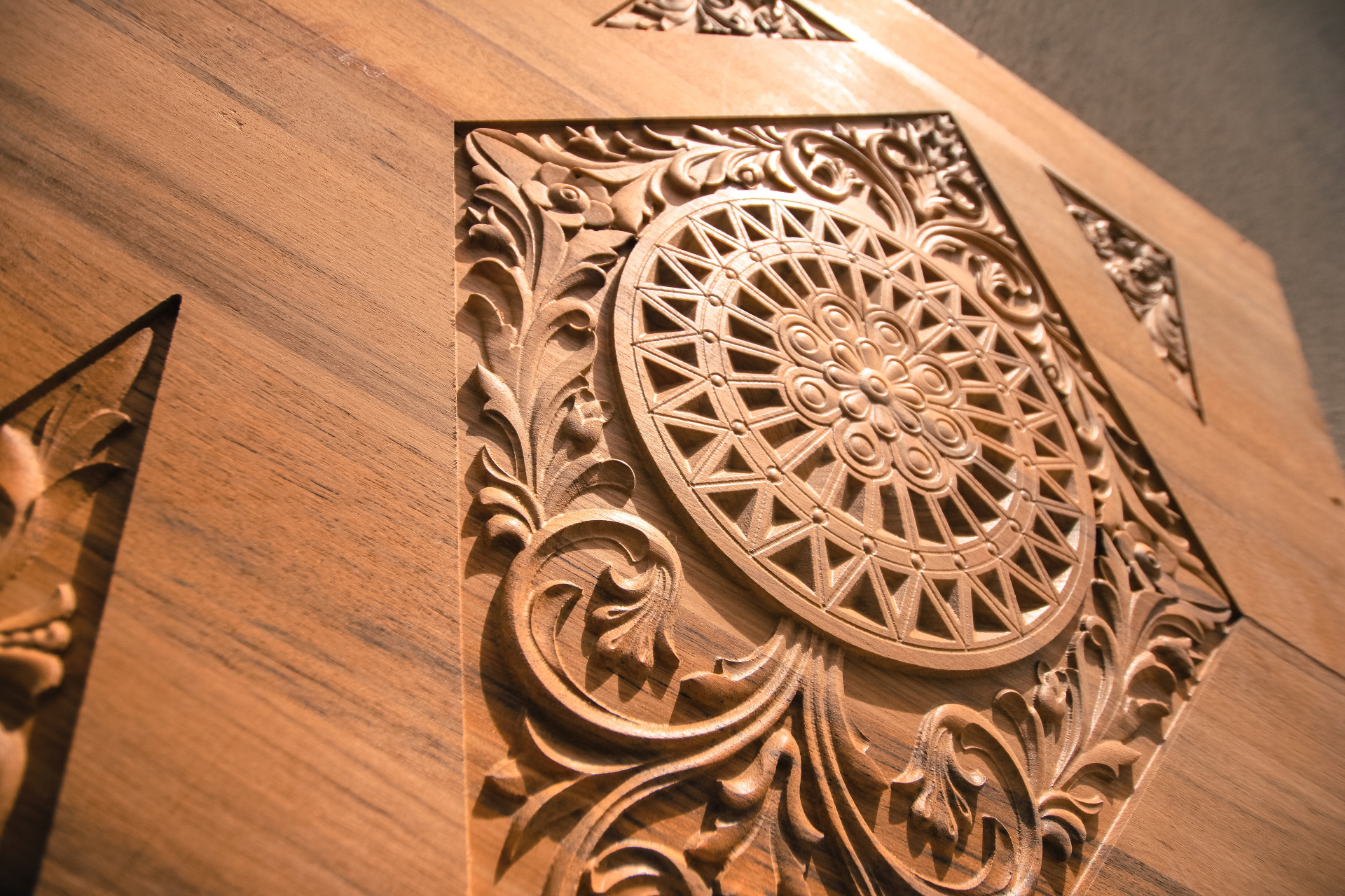 CNC carved ornate wooden door panel with mandala and floral designs